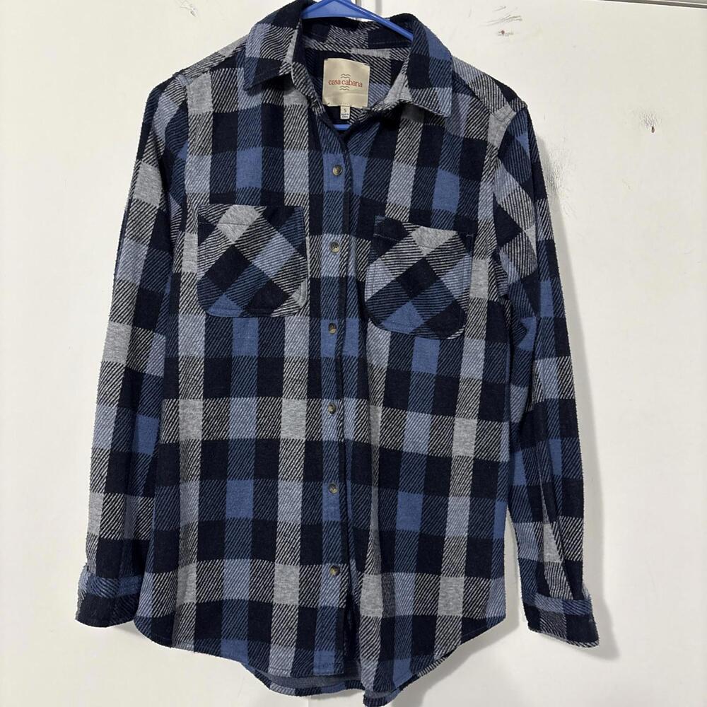 Casa Cabana Shirt Women S Blue Plaid Long Sleeve Button Up Casual Flannel  Heavy